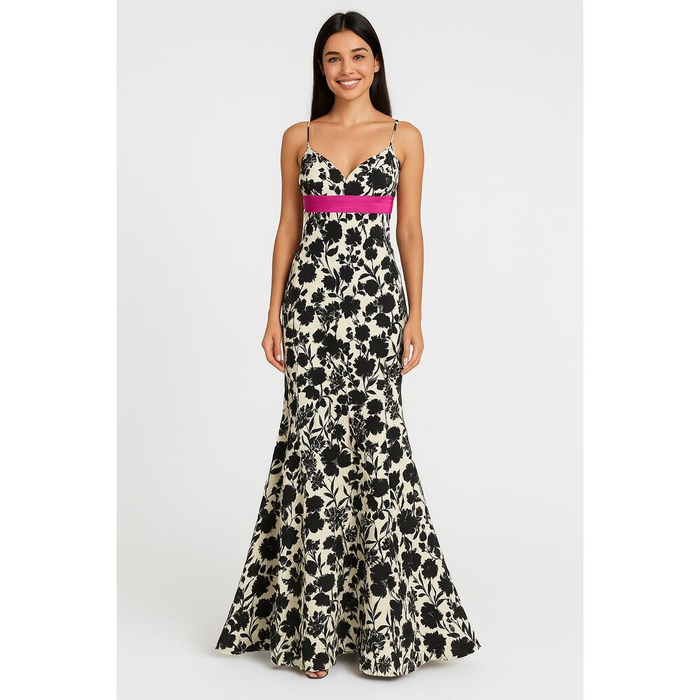 Y2K Maxi Dress Formal 10 Satin Black White Pink‎ Floral Prom Kentucky Derby